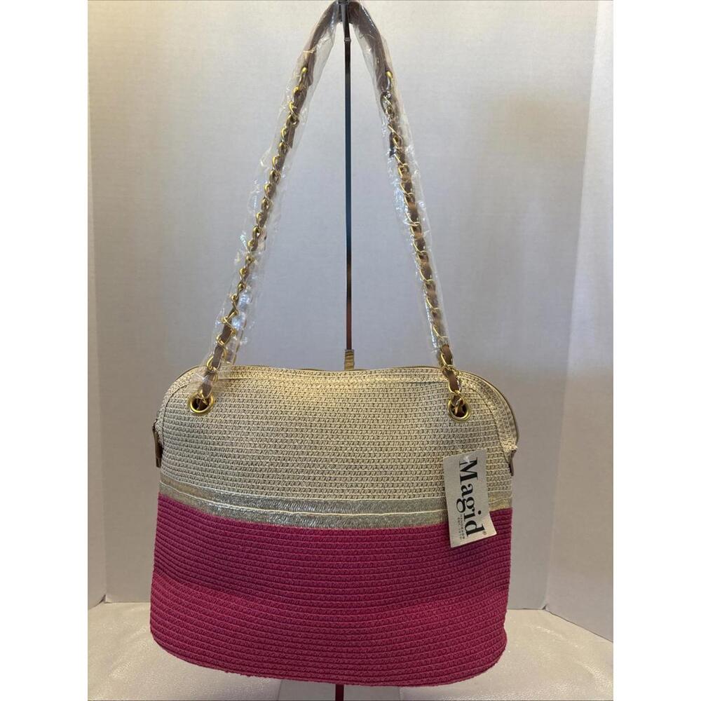 Magid Straw Shoulder Bag Pink Natural & Gold Purse NWT